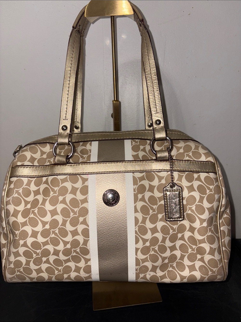 Coach Beige Signature Canvas Satchel with Metallic Trim